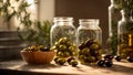 Olives a glass jar in the kitchen