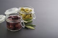 Black and green Olives in jar Royalty Free Stock Photo