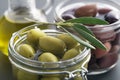 Green Olives in glass jar Royalty Free Stock Photo