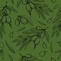 Olives and leaves seamless pattern in doodle style graphic. hand drawn black and green background, menu textile, wallpaper, Royalty Free Stock Photo
