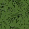 Olives and leaves seamless pattern in doodle style vector graphic. hand drawn black and green background, menu textile, wallpaper Royalty Free Stock Photo