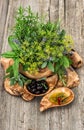 Olives, oil, basil, dill, sage. Herbs and spices. Healthy food Royalty Free Stock Photo