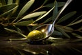 Olives and olive oil in a big spoon. Olive oil amidst an olive branch. Generative AI
