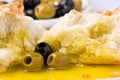 Olives, olive oil and bread. Royalty Free Stock Photo