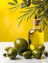 Olives and olive oil and olive leaves floating on a green background Royalty Free Stock Photo