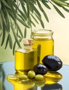 Olives and olive oil and olive leaves floating on a green background Royalty Free Stock Photo