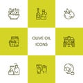 Olives. Olive oil. Set of linear icons.