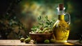 olives and olive oil on top of a wooden table Royalty Free Stock Photo