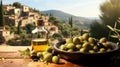 Olives and Olive Oil with Tuscan Backdrop Royalty Free Stock Photo