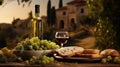 Olives and Olive Oil with Tuscan Backdrop Royalty Free Stock Photo