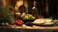 Olives and Olive Oil with Tuscan Backdrop Royalty Free Stock Photo