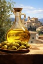 Olives and Olive Oil with Tuscan Backdrop Royalty Free Stock Photo