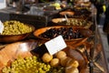 Olives and pickled vegetables for sale at farmers market Royalty Free Stock Photo