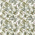 Olives seamless pattern color sketch style hand drawn background, olive branches with leaves on white background