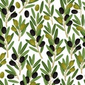 Olives seamless pattern. Olive branches with berries and leaves nature green vector texture on white background Royalty Free Stock Photo