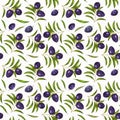 Olives seamless pattern. Olive branches set with olives hand draw watercolor illustration.. vegan food Royalty Free Stock Photo