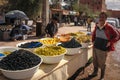 Olives seller at market. Skoura. Morocco