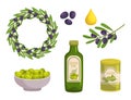 Olives Set, Green, Black, And Kalamata. Wreath, Oil Drop, Bottle and Pickled Olives in Tin Can or Fresh Olives in Bowl