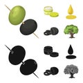 Olives on skewers. A piece of black olives, a jar of cream, a drop of oil. Olives set collection icons in cartoon,black Royalty Free Stock Photo