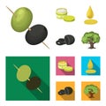 Olives on skewers. A piece of black olives, a jar of cream, a drop of oil. Olives set collection icons in cartoon,flat Royalty Free Stock Photo