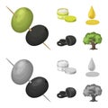 Olives on skewers. A piece of black olives, a jar of cream, a drop of oil. Olives set collection icons in cartoon Royalty Free Stock Photo