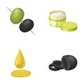 Olives on skewers. A piece of black olives, a jar of cream, a drop of oil. Olives set collection icons in cartoon style Royalty Free Stock Photo