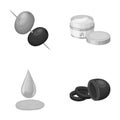 Olives on skewers. A piece of black olives, a jar of cream, a drop of oil. Olives set collection icons in monochrome Royalty Free Stock Photo