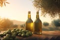 Olives tree oil bottles. Generate Ai