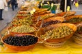 Olives and vegetables for sale at farmers market Royalty Free Stock Photo