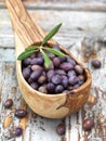 Olives in a wooden spoon