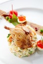 Olivier Salad or Russian Salad with Roasted Quail Royalty Free Stock Photo