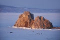 Olkhon island. Shamanka rock. Sunset landscape. Lake Baikal, win Royalty Free Stock Photo