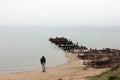 Lonly man walk on beach on Olkhon island. Beautiful landscape with hills and lake. Copy spac