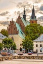 Panoramic view of Olkusz market square with St. Andrew Basilica in Beskidy mountain region of Lesser Poland