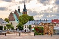 Panoramic view of Olkusz market square with St. Andrew Basilica in Beskidy mountain region of Lesser Poland