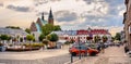 Panoramic view of Olkusz market square with St. Andrew Basilica in Beskidy mountain region of Lesser Poland