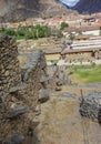 Ollantaytambo/Peru - Oct.02.19: tourists climbing the stairs of archaeological park, on the Sacred valley of incas