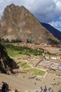 Ollantaytambo/Peru - Oct.02.19: tourists climbing the stairs of archaeological park, on the Sacred valley of incas