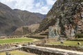 Ollantaytambo ruins, a massive Inca fortress with large stone terraces on a hillside, tourist destination in Peru Royalty Free Stock Photo