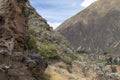 Ollantaytambo ruins, a massive Inca fortress with large stone terraces on a hillside, tourist destination in Peru Royalty Free Stock Photo