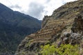 Ollantaytambo ruins, a massive Inca fortress with large stone terraces on a hillside, tourist destination in Peru Royalty Free Stock Photo