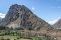 Ollantaytambo village and Pinkuylluna Mountain - Ollantaytambo, Sacred Valley, Peru Royalty Free Stock Photo