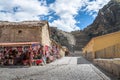 Ollantaytambo village, souvenir store and entrance to Inca Ruins and Terraces - Ollantaytambo, Sacred Valley, Peru Royalty Free Stock Photo