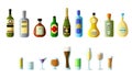 ollection of different alcoholic beverages in bottles with glasses of different shapes. Vodka, champagne, wine, whiskey, beer,