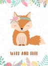 ÃÂ¡ollection of hand-drawn boho fox with words Wild and Free. Illustration of polka-dots, flowers and feathers