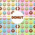 Pattern with glazed colorful donuts on colored backgrounds. Royalty Free Stock Photo