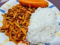 Olluco stew with rice and sweet potato, Peruvian homemade food.