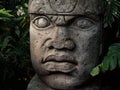 Olmec sculpture carved from stone. Mayan symbol - Big stone head statue in a jungle Royalty Free Stock Photo