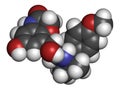 Olodaterol COPD drug molecule ultra-LABA class. 3D rendering. Atoms are represented as spheres with conventional color coding:.