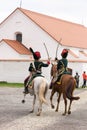 Olomouc Czech Rep. October 7th 2017 historical festival Olmutz 1813. Two napoleonic officers riding horses and fighting